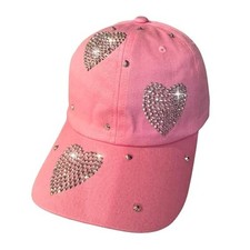 Bling Hat for Women, Fun Rhinestone Baseball Cap, Bedazzled Hearts Pink 