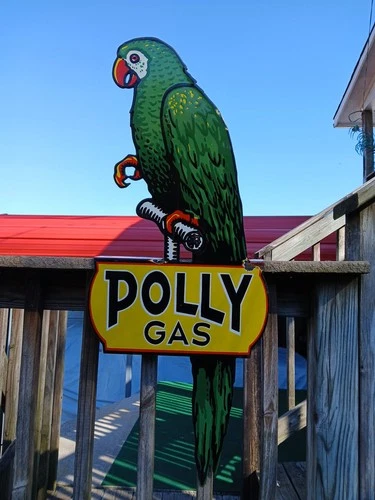 VINTAGE LARGE POLLY PORCELAIN FLANGE SIGN MOTOR OIL GASOLINE PARROT GAS 3FT