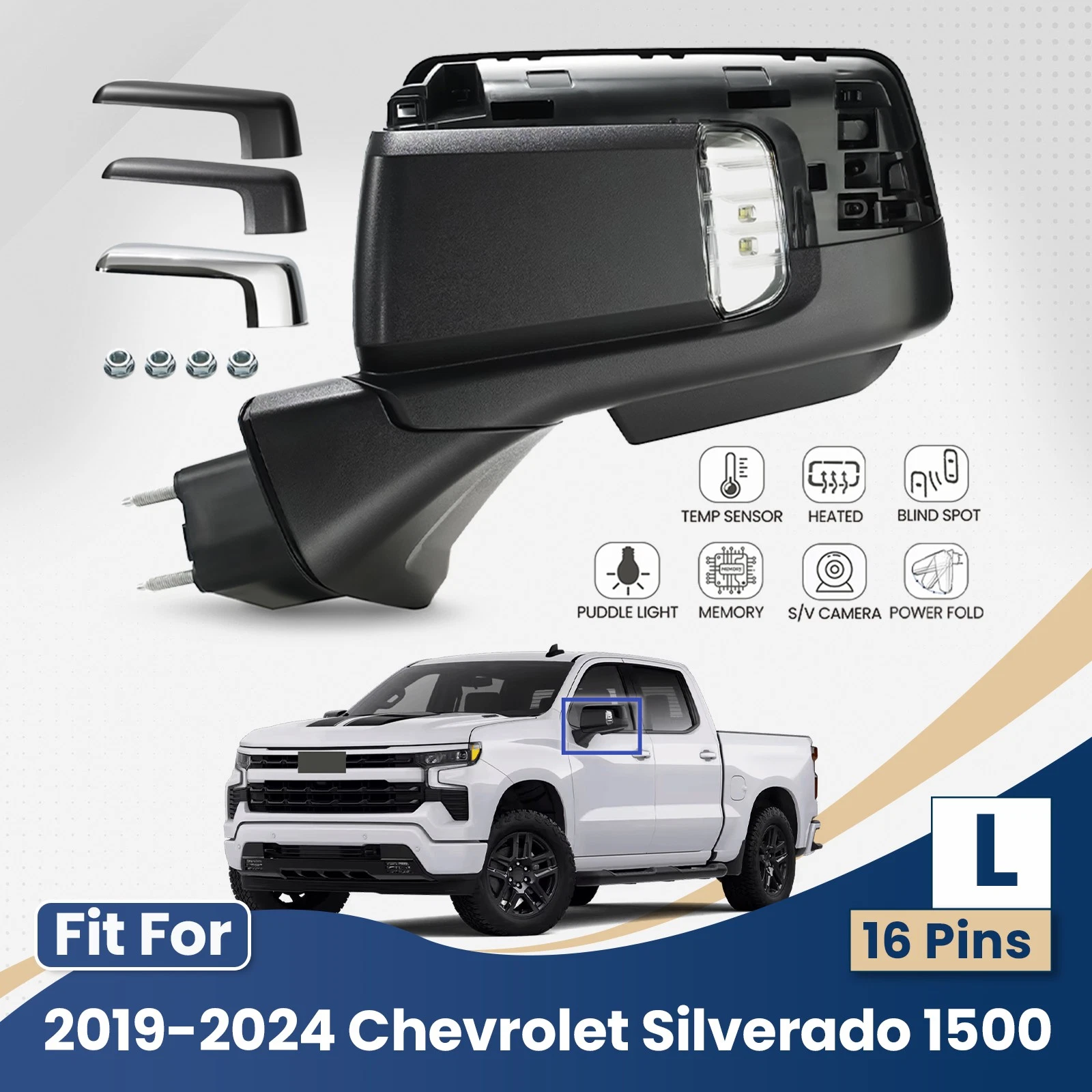 For 2019-2024 Chevy Silverado 1500 Side Mirror W/Camera W/BSD Heated 16 Pin Left