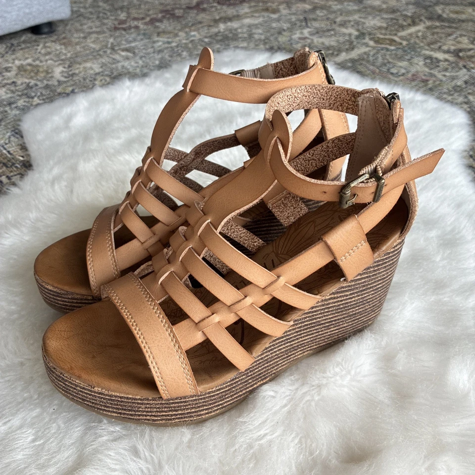 Sandalias de cuña de corcho Blowfish Malibu Piper color tostado tejido gladiador tiras para mujer 7,5 Foto 2 de 4