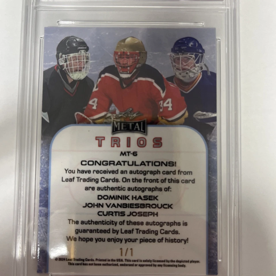 LEAF METAL HOCKEY LEGENDS 2023 TRIPLE AUTO HASEK/VANBIESBROUCK/JOSEPH 1/1 ¡DULCE! Foto 4 de 4