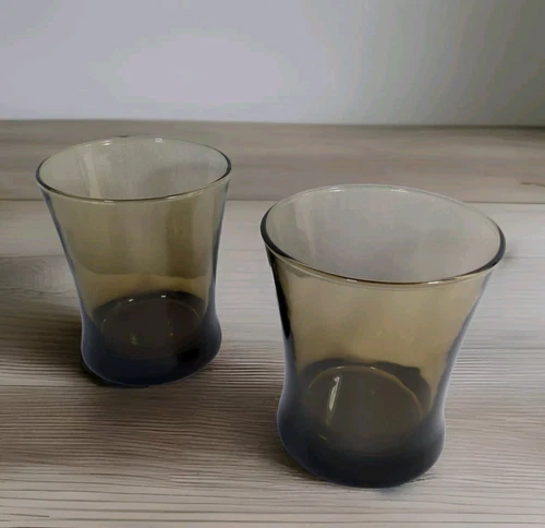 2 Vintage Anchor Hocking Linden Mocha Tumblers Smokey Brown Glassware 4" ~ 12oz
