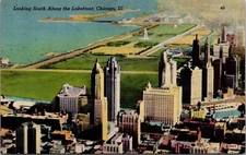 South Along The Lakefront-Aerial View-Chicago, Illinois-Vintage Linen Postcard