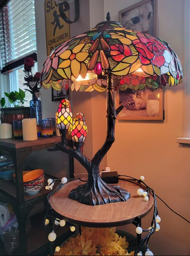 Tiffany-Style Stained Glass Table Lamp w/Birds on Tree Branch Base, Double-Lit - Picture 5 of 12