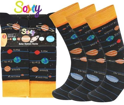3 Pairs Mens Solar System Design Cotton Socks Shoe Size 6-11 Science Space Gift