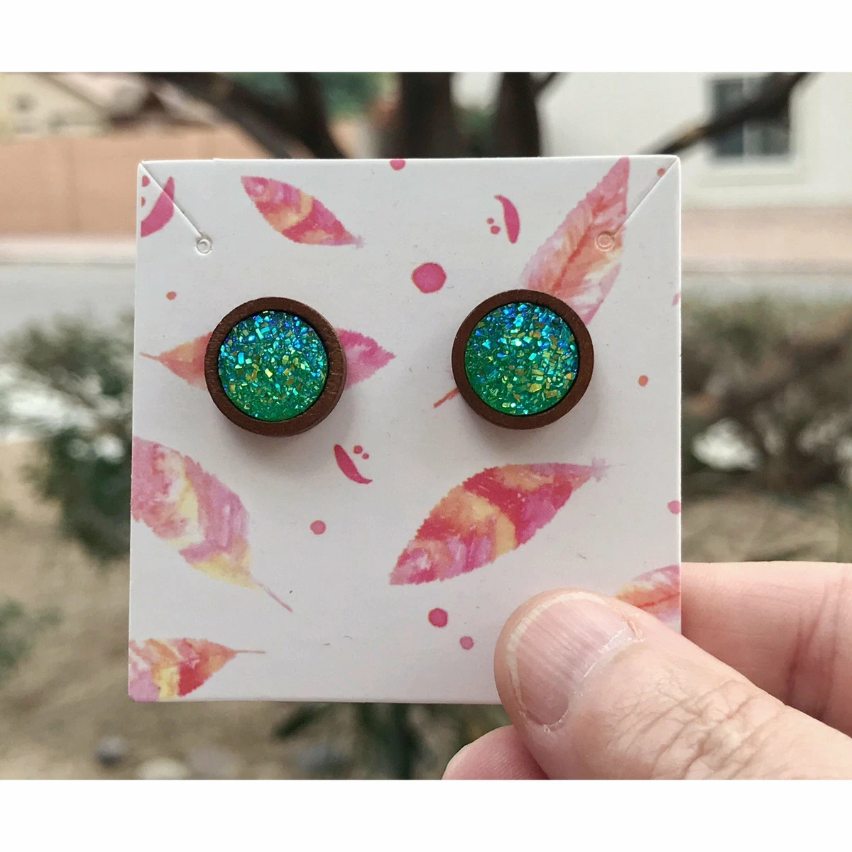 Green Druzy Earrings Druzy Stud Earrings Natural Wood Earrings