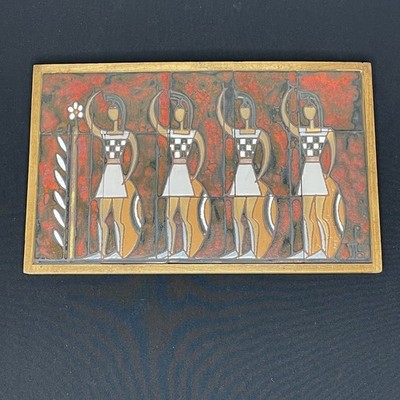 Mid Century Greek Ceramic Tile Art Panos Valsamakis Signed Figures