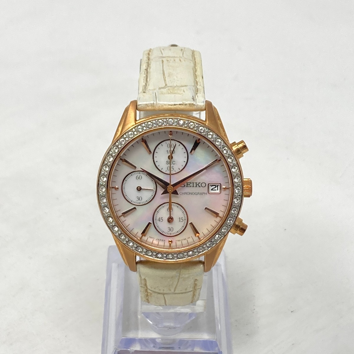 Seiko Chronograph Watch Women 34mm Rose Gold Tone 7T92-0MZ0 MOP Bling New Batter Women's Seiko Watch Pink Mother of Pearl Dial SUR585  main image 4