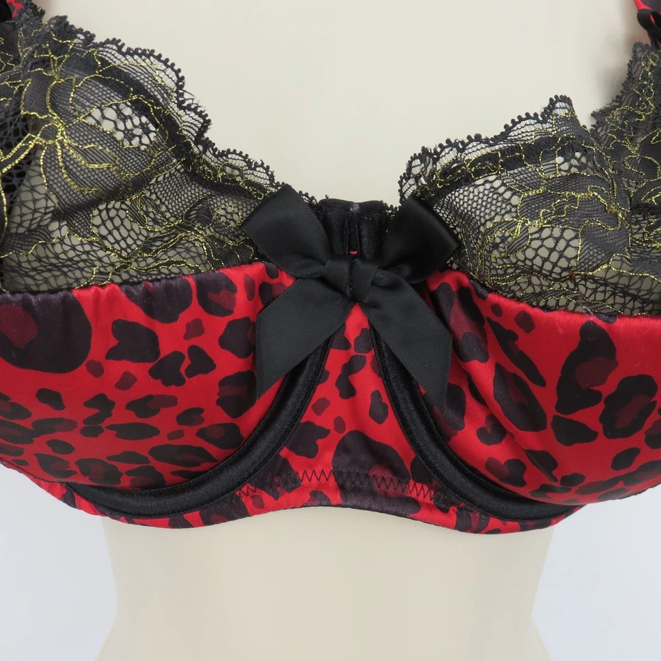 Cacique 42DD Black Red Leopard Animal Print Gold Lace Bow Underwire Bra Sexy - Image 3 of 4