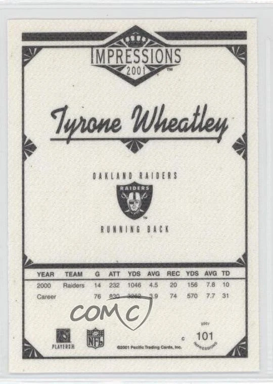 2001 Pacific Impressions Shadow Missing Serial Number Tyrone Wheatley #101 - Image 2 of 2