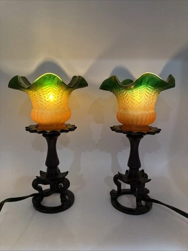 2 Vintage Glass Tulip Shade Table Lamp Night Light 10” Green Decorative Base