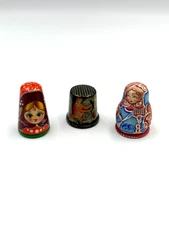Lot of 3 Beautiful Handpainted Wood Russian Thimbles