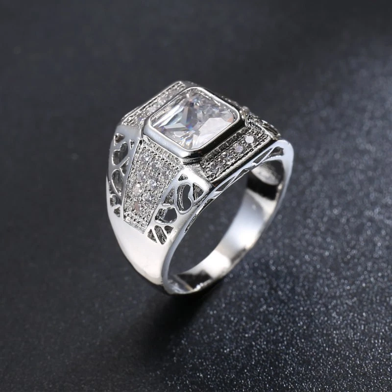 Square Cut White CZ Hollow Band Men Women's 925 Silver Engagement Ring Size 7-12 - image 4 of 4