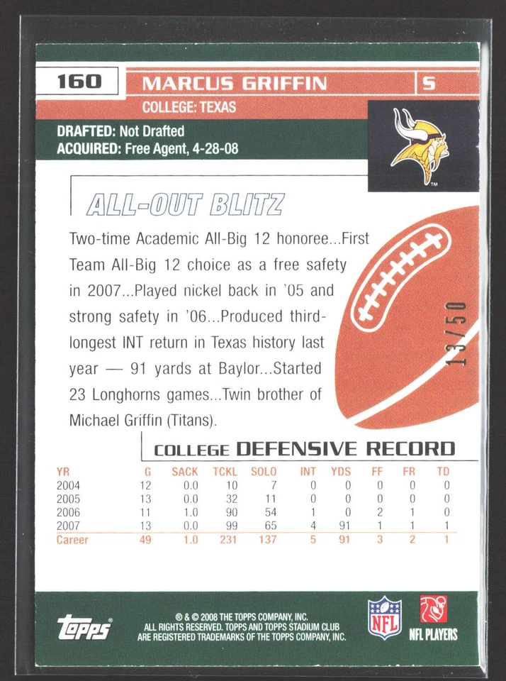 Marcus Griffin 2008 Stadium Club Photographer's Proofs Gold # SN,RC #/50 Vikings - Image 2 of 2