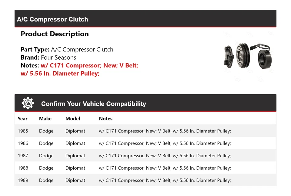 For 1985-1989 Dodge Diplomat A/C Compressor Clutch 4 Seasons 1986 1987 1988 - Image 2 of 4
