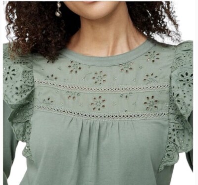 J Crew Factory Eyelet Shoulder Ruffle Green Long Sleeve T Shirt