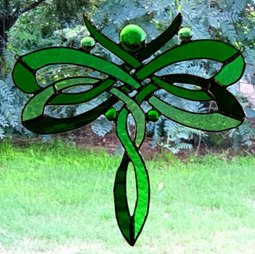 CELTIC KNOT DRAGONFLY Shades of Green AUTHENTIC AUSSIE Stained Glass SUNCATCHER - Picture 1 of 24