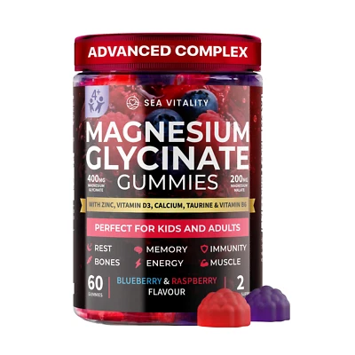SEA VITALITY Magnesium Glycinate Gummies for Kids & Adults with , Zinc, D3, B6 & Taurine