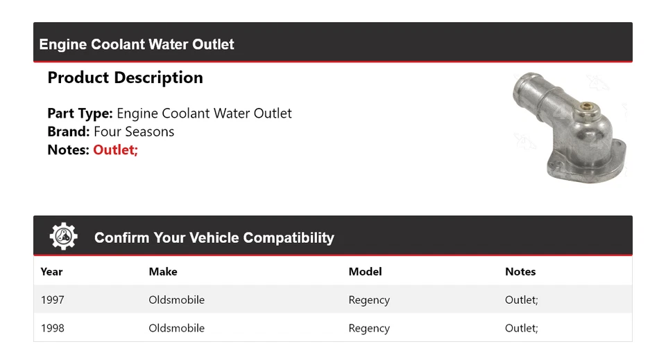 For 1997-1998 Oldsmobile Regency Engine Coolant Water Outlet 4 Seasons - Image 2 of 4