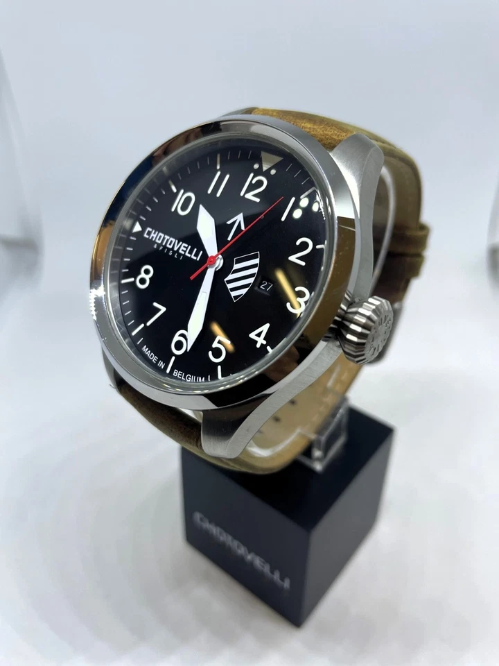 Chotovelli Big Pilot Watch Black Dial Italian leather strap Men's Watch - 5300.2 - Image 3 of 4