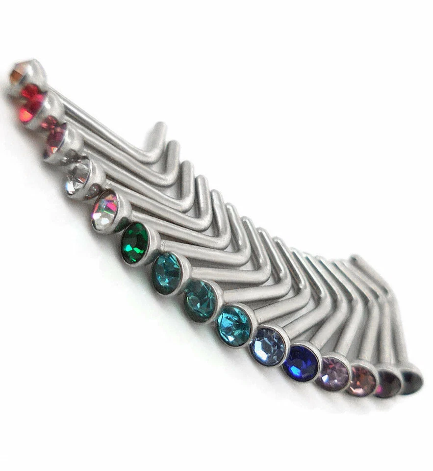 18G L Bend Shape Surgical Steel 2mm Crystal Nose Ring Rings 15 PC Lot Studs - Image 2 of 3