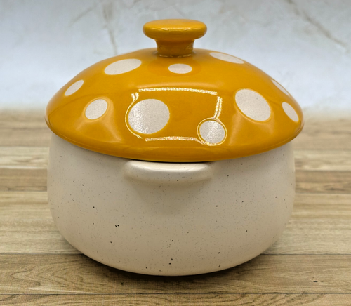 World Market Spotted Mushroom Lidded Soup Crock Gold Yellow Speckled Stoneware - Picture 4 of 14