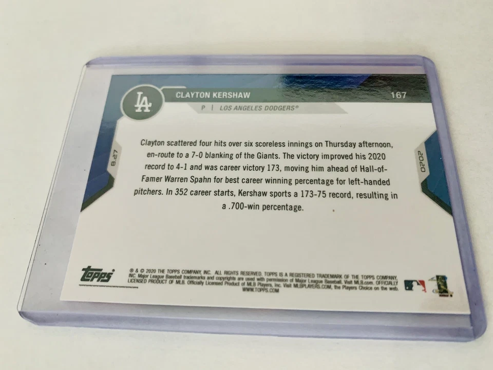 2020 Topps Now #167 Clayton Kershaw Winningest LHP .696 MLB History Orange 4/5 - Image 2 of 2