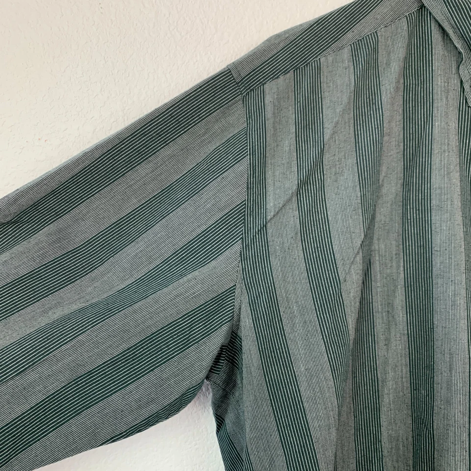 复古 90 年代 Brittania 垂直条纹绿色长袖纽扣衬衫男式 XL — 第 2/4 张图片