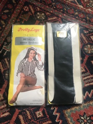 Vintage 1970's NOS 'Pretty Legs' One Size Metallic Seamed Stockings Black
