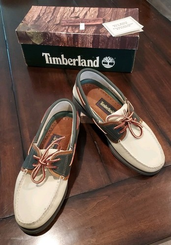 TIMBERLAND Men's 9 Boat Shoe Loafers Leather White Brown Charcoal Slip On Clean!