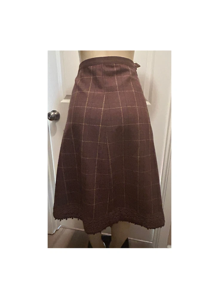 DE COLECCIÓN FALDA DE MEZCLA DE LANA DE ABRIL CORNELL MARRÓN A CUADROS HERMOSA BORDADO FLORAL XL Foto 4 de 4