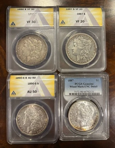 4 1886 1887 1890 S Morgan Dollars Graded AU50 VF UNC DET T,ONED