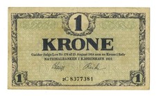 Denmark. National Bank, 1921. 1 Krone, P-12g, Issued Note. VF-XF