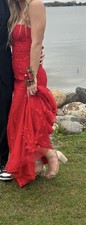 Red Strapless Embroidered Lace Long Formal Gown Maxi Dress for Women