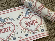 2 Rolls Vintage Wallpaper Border Hearts Blue Birds Floral Hope Love Joy Peace
