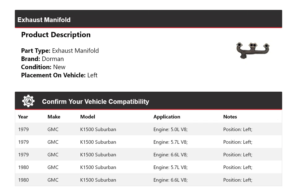 Colector de escape izquierdo para GMC K1500 1979-1980 Suburban Dorman Foto 2 de 4