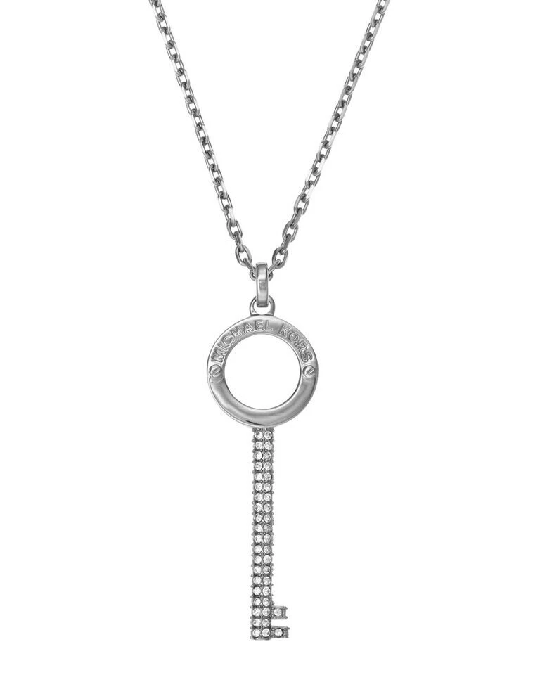Collana con ciondolo chiave MICHAEL KORS MK tono argento pavè cristallo NUOVA