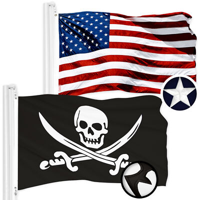 G128 Combo USA Flag & Pirate Jolly Roger Swords Flag Both 2x3Ft Emb 300D Poly