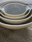 Vintage Pyrex 4 Stacking Mixing Bowls Homestead Speckled Tan Blue Cinderella