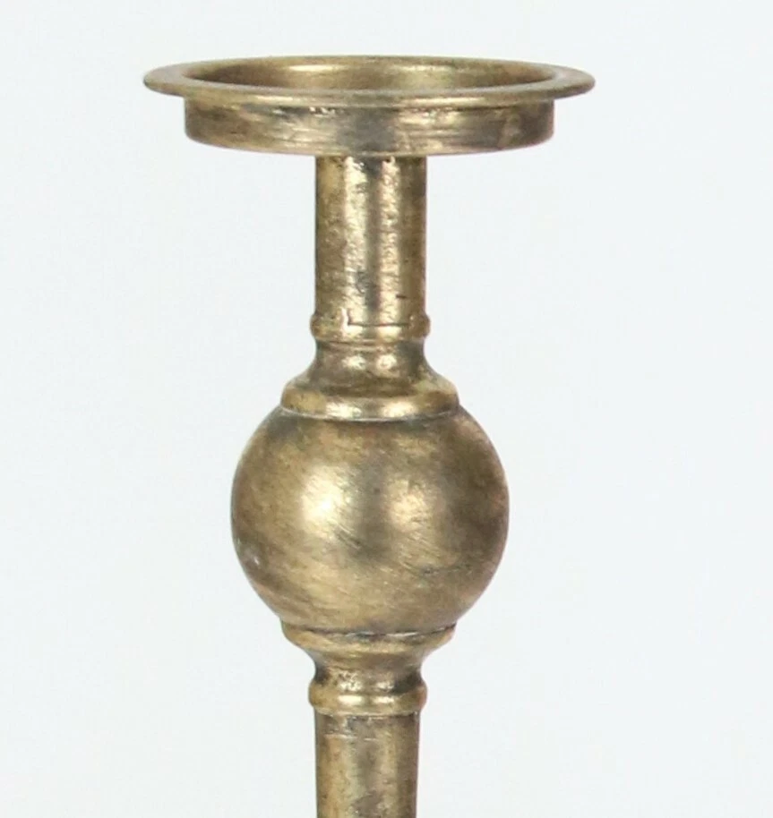 Vintage Style Tall Antiqued Brass Set 3 Candle Stick Round Base Gold Holder - Image 4 of 4
