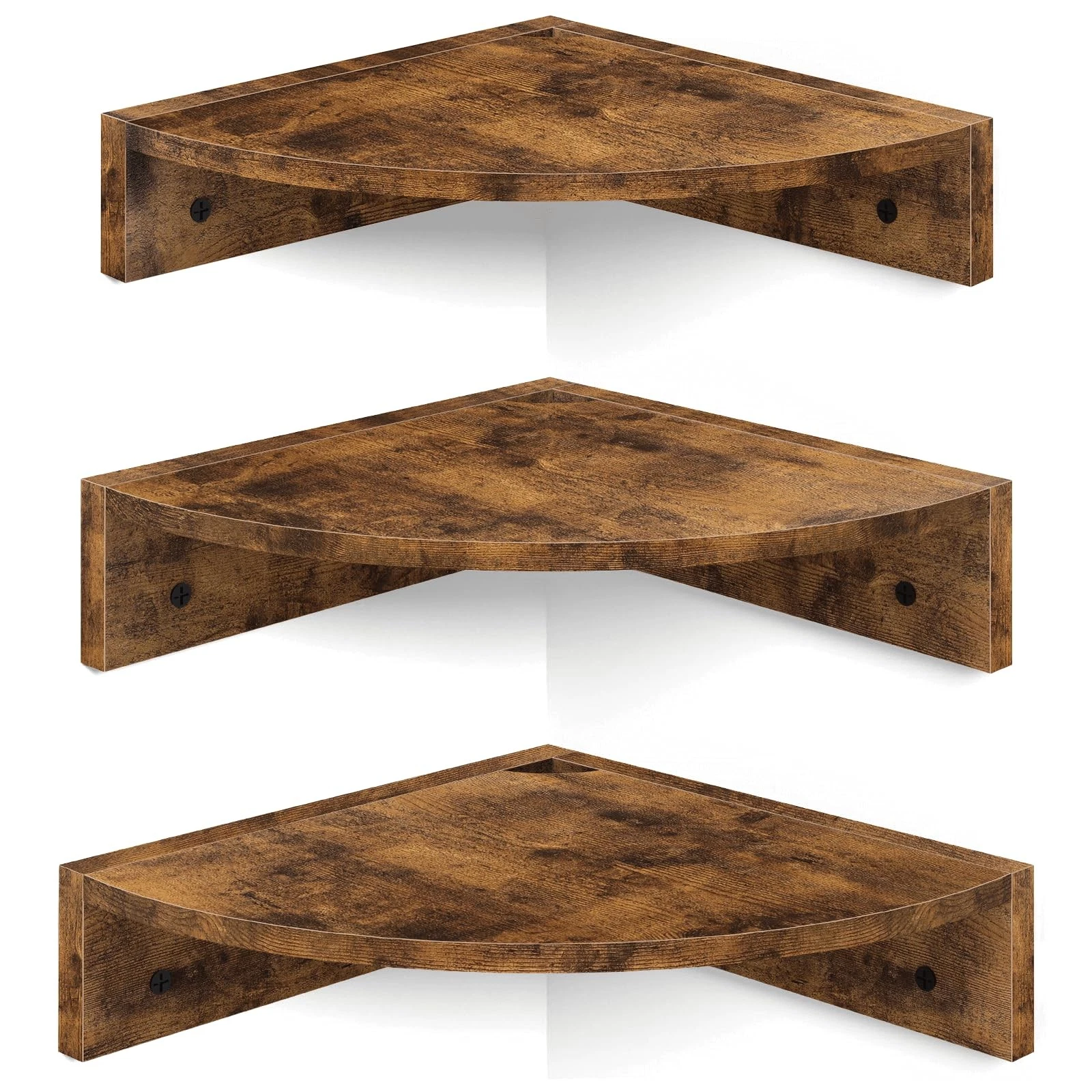 3 PCS Corner Shelf Wall Mount Floating Cord Hole 3 Tier Wood Rustic Brown