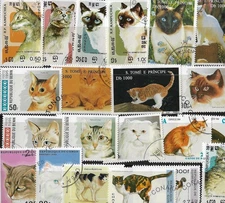 50 ALL DIFFERENT CATS ON STAMPS