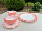 Vintage Hazel Atlas Pink Crinoline "Tea For Two" Set Cups Saucers Serving Plate