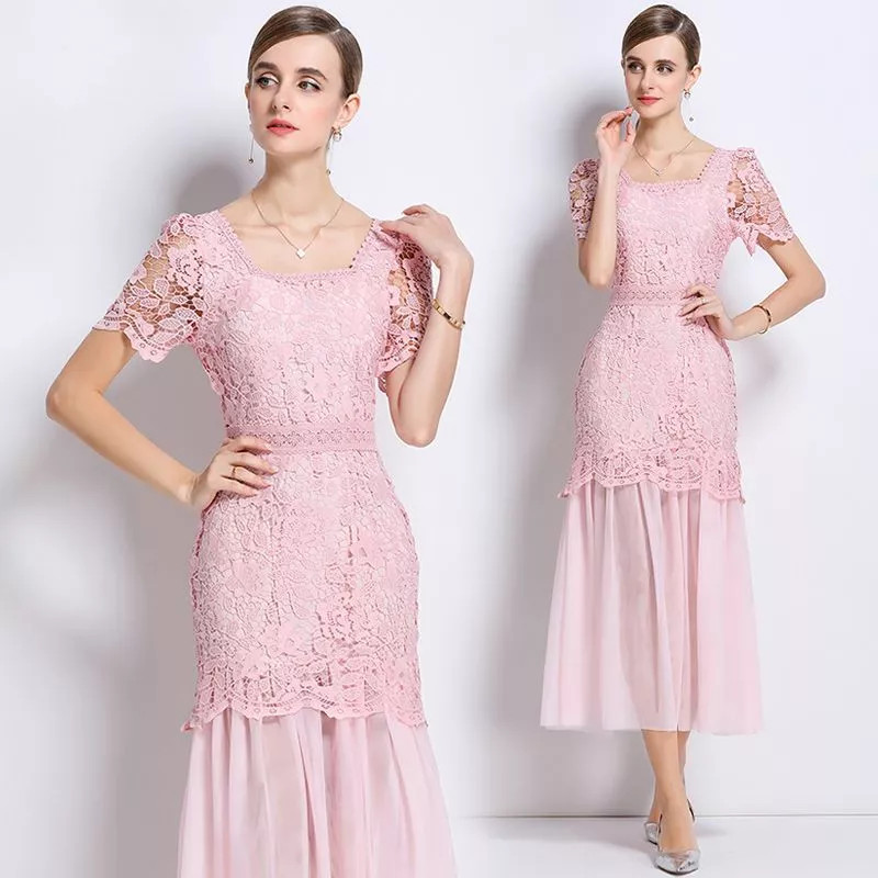 Vestido Largo Rosa Telas Pastel de Encaje Elegante Con Cuello A Barco y Mangas