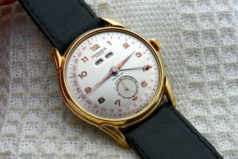 VINTAGE HERMES TRIPLE DATE CALENDAR LARGE 36MM GOLD PLATED CASE SERVICED