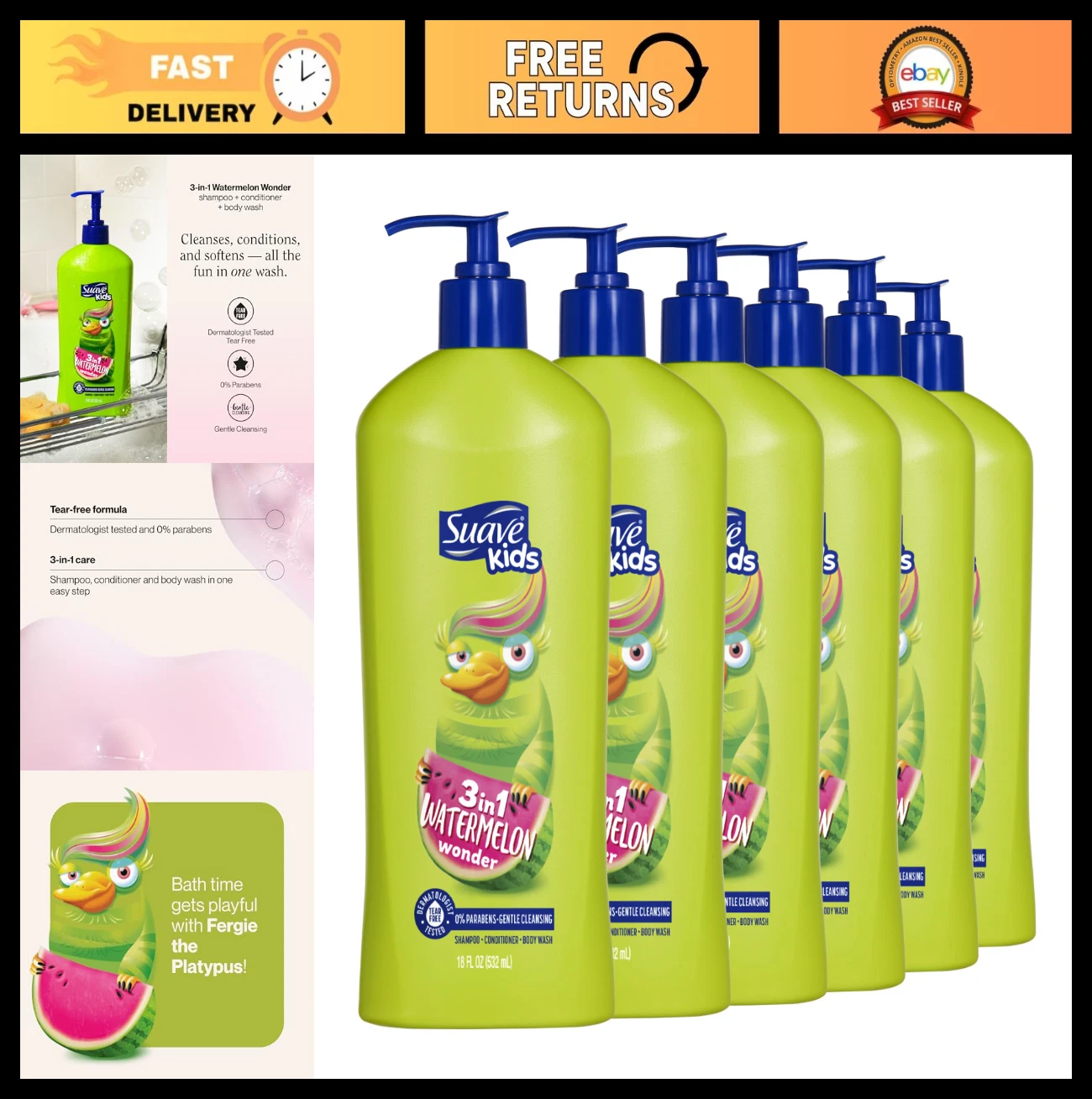 Tear-Free 3-in-1 Kids Body Wash, Shampoo & Conditioner - Watermelon Wonder, 18 O