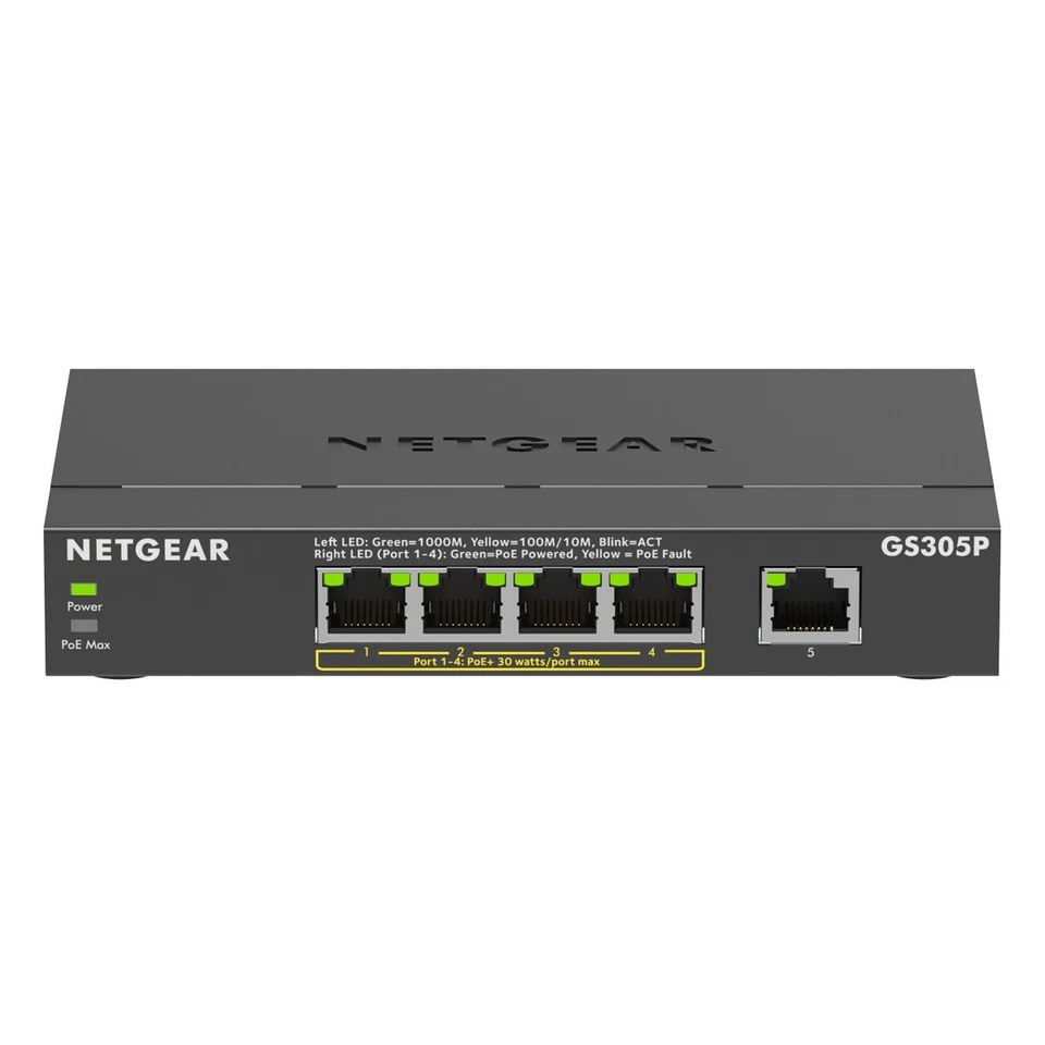 NETGEAR GS305Pv2 Unmanaged Switch 5x 1G Ethernet (4x PoE/PoE+, max. 63W)