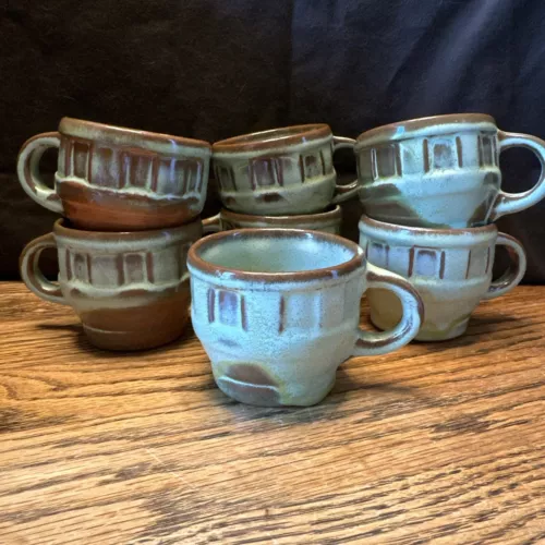 7 Vtg Frankoma 94C Prairie Green Glazed Wagon Wheel Coffee Mugs Tea Cups👀