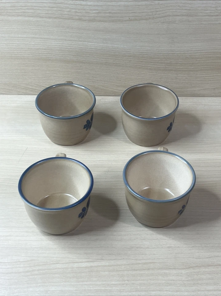 Pfaltzgraff Folk Art Coffee Tea Cups Mugs 2 1/2” Blue Tan USA Set of 4 - Image 4 of 4