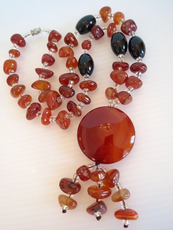 Beautiful! Long Natural Stone CARNELIAN & BLACK ONYX Statement NECKLACE 24" Long